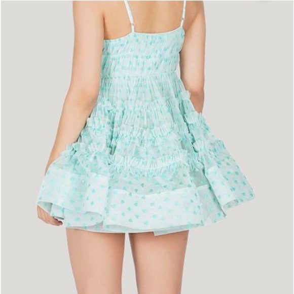 Lace & Beads Bethan tiered mint mesh mini dress with foil heart print. - Picture 3 of 7
